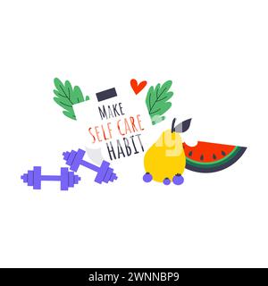 Stile di vita sano vettoriale e concetto di perdita di peso. Illustrazione di frutta, manubri e note con messaggio motivazionale. Illustrazione Vettoriale