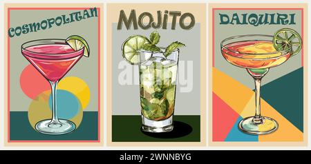 Cocktail poster retrò stampe vettoriali. Illustrazione Vettoriale