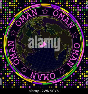 Oman futuristico sul globo. Brillante visione satellitare al neon del mondo incentrata sull'Oman. Illustrazione Vettoriale
