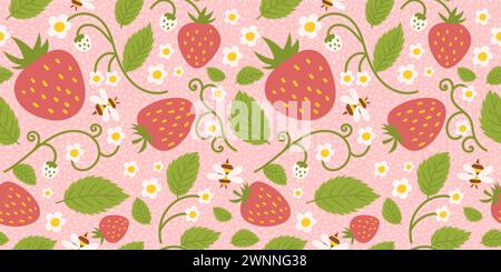 Design a motivo di fragole senza cuciture con bacche, fiori, foglie verdi e piccole api. Design ripetuto delle superfici per abbigliamento da cucina, tessuto, involucro Illustrazione Vettoriale