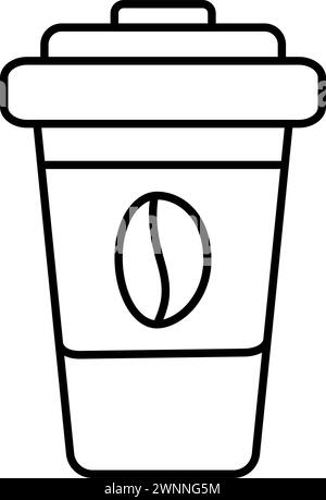Delineare il disegno della tazza usa e getta con la grana di caffè. Design di logo, icone o adesivi. Isolare. EPS. Vettore per puntatore, poster, banner, brochure, prezzo, etichetta o web, promozione, pubblicità Illustrazione Vettoriale