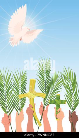 Striscione vettoriale della domenica delle palme. Le mani di persone di diverse nazionalità sono cresciute con rami di palma. Colomba bianca nel cielo, l'incarnazione Illustrazione Vettoriale