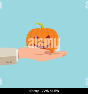Zucca in mano per Halloween, Happy Halloween Concept. Illustrazione vettoriale. Illustrazione Vettoriale