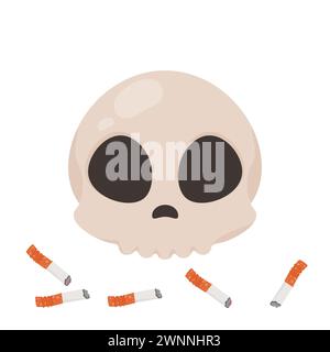 World No Tobacco Day, teschio con sigarette. Vettore su sfondo bianco. Illustrazione Vettoriale