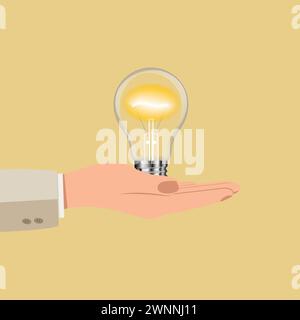 Una mano regge una lampadina elettrica. Pensiero, buona idea e concetto creativo di successo aziendale. Vettore. Illustrazione Vettoriale