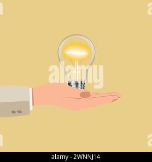 Una mano regge una lampadina elettrica. Pensiero, buona idea e concetto creativo di successo aziendale. Vettore. Illustrazione Vettoriale