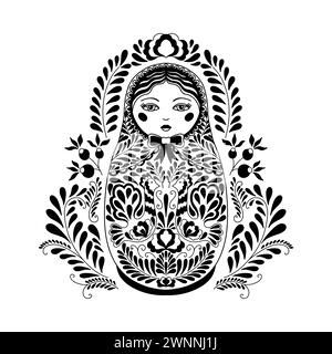 Bambola tradizionale russa che nidifica. Matryoshka dipinto con motivi floreali. Bambola adatta per un libro da colorare, disegnata in stile lineare. Illustrazione Vettoriale