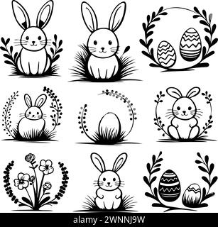 Una serie di disegni in bianco e nero di conigli e uova. I conigli sono seduti nell'erba e le uova sono al centro del telaio Illustrazione Vettoriale