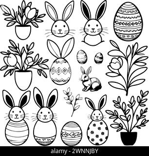 Una serie di disegni di coniglietto pasquale e uova. i disegni sono di conigli e uova, e le uova sono di varie dimensioni e colori. i conigli sono seduti e in piedi in posizioni diverse Illustrazione Vettoriale