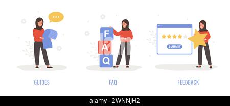 Assistenza clienti. Le donne arabe fanno domande, leggono le guide e lasciano un feedback. Informazioni sulle domande frequenti. Servizio di guida in linea. Serie di vettori Illustrazione Vettoriale