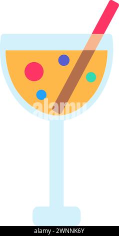 Cocktail di frutta carbonata in vetro alto con paglia, simbolo di compleanno. Drink festivo dallo stile semplice per il design del centro di intrattenimento per bambini Illustrazione Vettoriale