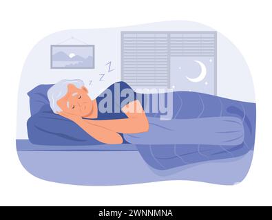 Uomo anziano che dorme nel letto di notte Illustrazione Vettoriale