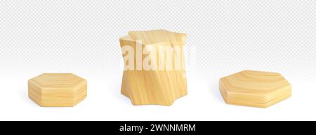 Podio di prodotto esagonale in legno e a stella di altezza e angolo di visione diversi su sfondo trasparente. Piattaforma di presentazione vettoriale realistica Illustrazione Vettoriale