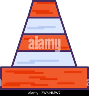 Cono in plastica a strisce per limitare il traffico durante le riparazioni stradali. Strumenti e attrezzature professionali di specialisti altamente qualificati. Semplice colorato Illustrazione Vettoriale