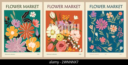 Set di disegni da parete per poster del mercato dei fiori astratti. Illustrazione Vettoriale