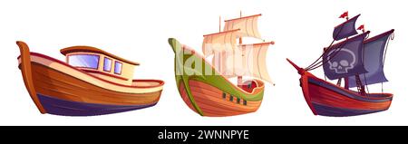 Serie di navi in legno isolate su sfondo bianco. Cartoni animati vettoriali raffiguranti un peschereccio, una barca a vela d'epoca, una nave pirata con il teschio jolly roger Illustrazione Vettoriale