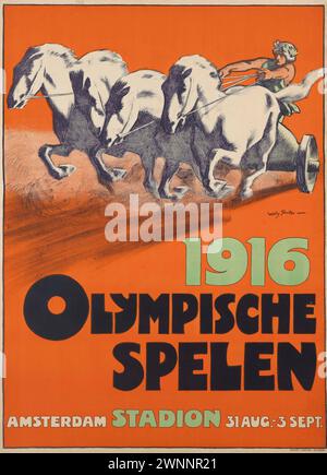 Poster vintage. I Giochi Olimpici di Amsterdam del 1916 offrono un poster di comicità, con l'antica corsa greca a cavallo e in carrozza. Foto Stock
