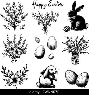 Una serie di disegni in bianco e nero fiori di Pasqua, uova e conigli. I disegni sono di varie dimensioni e stili, ma tutti presentano lo stesso tema di Pasqua. L'atmosfera delle immagini è allegra Illustrazione Vettoriale
