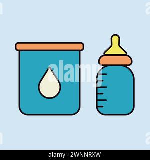 Latte in polvere in scatola e icona vettore del biberon. Cartello prodotto lattiero-caseario. Simbolo grafico per la progettazione di siti Web e app per cucinare, logo, app, interfaccia utente Illustrazione Vettoriale