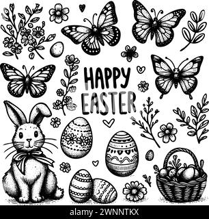 Collezione di disegni in bianco e nero articoli a tema pasquale, tra cui coniglietto, uova e farfalle Illustrazione Vettoriale