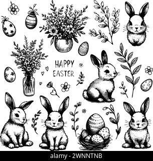 Una serie di disegni in bianco e nero conigli e fiori con le parole "buona Pasqua" scritte sotto di loro Illustrazione Vettoriale