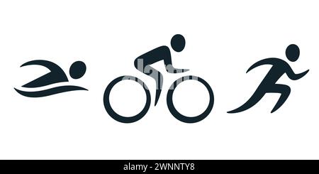 Icone dell'attività di triathlon: Nuoto, corsa, bicicletta. Semplice set di pittogrammi sportivi. Logo vettoriale isolato. Illustrazione Vettoriale
