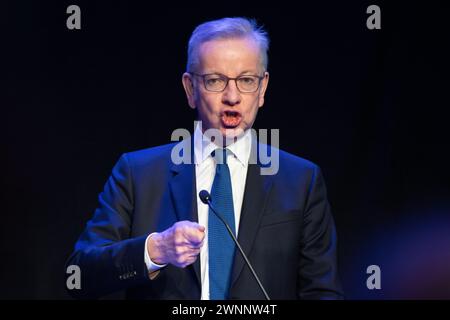 Michael Gove 2024 parla alla Scottish Conservative Party Conference 2024, P&J Live, Aberdeen, Scozia, Regno Unito Foto Stock