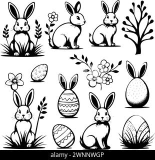 imposta disegni in bianco e nero conigli e fiori. i conigli sono seduti in campo con fiori sullo sfondo Illustrazione Vettoriale
