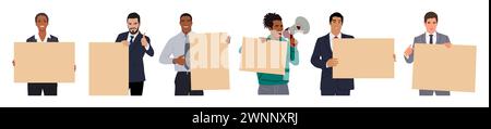 Gruppo di persone con striscione pubblicitario vuoto. Illustrazione Vettoriale