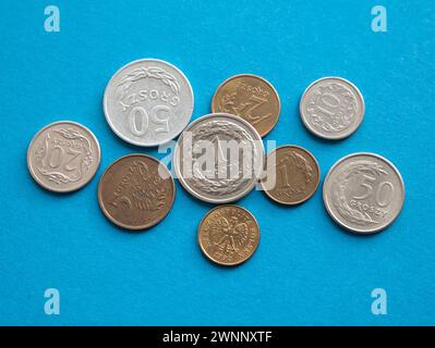 Lucidare i soldi metallici sullo sfondo blu, primo piano. Monete zloty e groszy realizzate in cupronickel e in bronzo alluminio, con messa a fuoco selettiva Foto Stock
