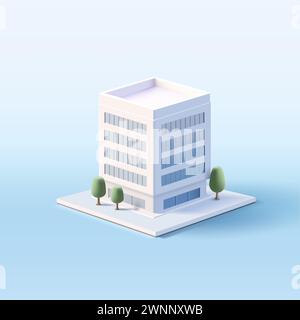 L'edificio del business center presenta illustrazioni in 3d con finestre e alberi, semplici icone in colori bianchi, modellini immobiliari Illustrazione Vettoriale