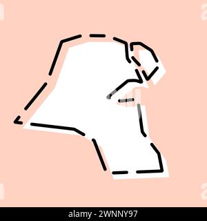 Mappa semplificata del paese del Kuwait. Silhouette bianca con contorno nero spezzato su sfondo rosa. Semplice icona vettoriale Illustrazione Vettoriale