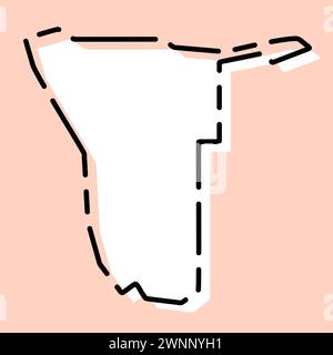 Mappa semplificata del paese della Namibia. Silhouette bianca con contorno nero spezzato su sfondo rosa. Semplice icona vettoriale Illustrazione Vettoriale