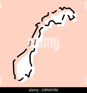 Mappa semplificata dei paesi della Norvegia. Silhouette bianca con contorno nero spezzato su sfondo rosa. Semplice icona vettoriale Illustrazione Vettoriale