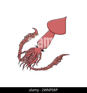 Calamari colossali nell'oceano. Cartone animato vettoriale illustrato a mano dell'animale isolato in Antartide. Misterioso calamaro polare con tentacoli e. Illustrazione Vettoriale