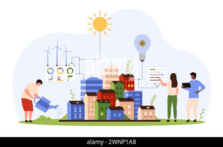 Sviluppo di una città intelligente con un consumo di energia verde. Piccole persone lavorano con le impostazioni dei servizi digitali, sviluppano la generazione di energia elettrica utilizzando pannelli solari e turbine eoliche illustrazioni vettoriali Illustrazione Vettoriale