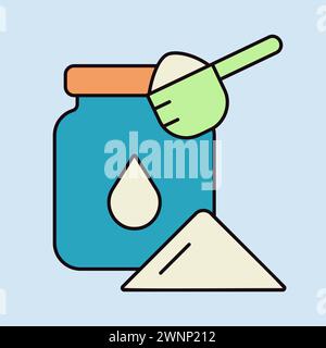 Latte in polvere in scatola e icona vettoriale a cucchiaio. Cartello prodotto lattiero-caseario. Simbolo grafico per la progettazione di siti Web e app per cucinare, logo, app, interfaccia utente Illustrazione Vettoriale