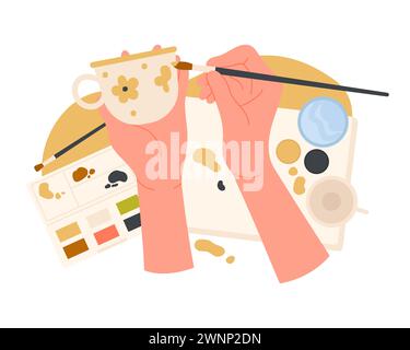 Laboratorio di pittura artigianale. Crea hobby creativi, illustrazioni vettoriali di cartoni animati fatti a mano Illustrazione Vettoriale