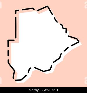 Mappa semplificata del paese del Botswana. Silhouette bianca con contorno nero spezzato su sfondo rosa. Semplice icona vettoriale Illustrazione Vettoriale