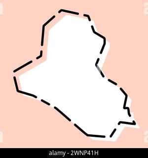 Mappa semplificata del paese iracheno. Silhouette bianca con contorno nero spezzato su sfondo rosa. Semplice icona vettoriale Illustrazione Vettoriale