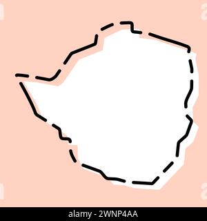 Mappa semplificata del paese dello Zimbabwe. Silhouette bianca con contorno nero spezzato su sfondo rosa. Semplice icona vettoriale Illustrazione Vettoriale