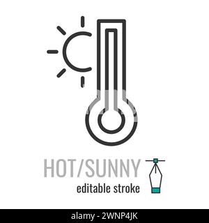 Icona della linea del termometro per climi caldi. Stile lineare, simbolo estivo del sole. Segno di temperatura.tratto modificabile. Illustrazione grafica vettoriale EPS 10. Illustrazione Vettoriale