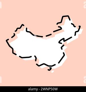 Mappa semplificata del paese della Cina. Silhouette bianca con contorno nero spezzato su sfondo rosa. Semplice icona vettoriale Illustrazione Vettoriale