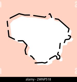 Mappa semplificata del paese della Lituania. Silhouette bianca con contorno nero spezzato su sfondo rosa. Semplice icona vettoriale Illustrazione Vettoriale