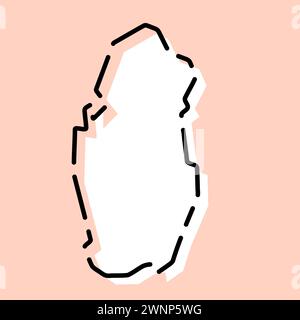Mappa semplificata del paese del Qatar. Silhouette bianca con contorno nero spezzato su sfondo rosa. Semplice icona vettoriale Illustrazione Vettoriale