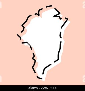 Mappa semplificata della Groenlandia. Silhouette bianca con contorno nero spezzato su sfondo rosa. Semplice icona vettoriale Illustrazione Vettoriale