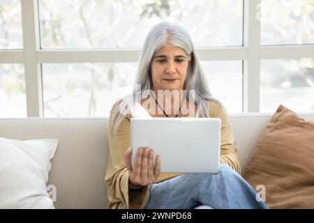 Donna anziana con i capelli grigi che utilizza un'applicazione online Foto Stock