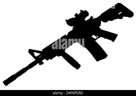 M4 Carbine con vista ottica e silhouette nera in primo piano Foto Stock