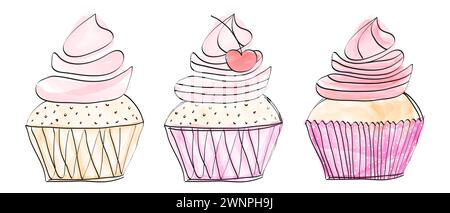 Splendido set di Cupcakes o muffin Collection in stile Doodle disegnato a mano su sfondo bianco Illustrazione Vettoriale