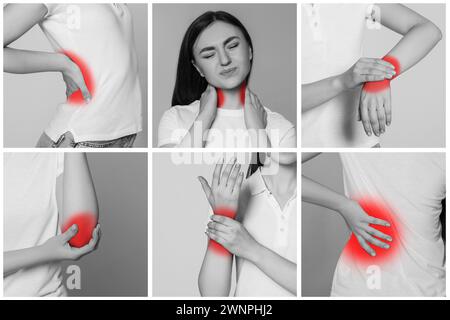 Donne che soffrono di reumatismi, effetto bianco e nero con accento rosso. Collage di foto Foto Stock